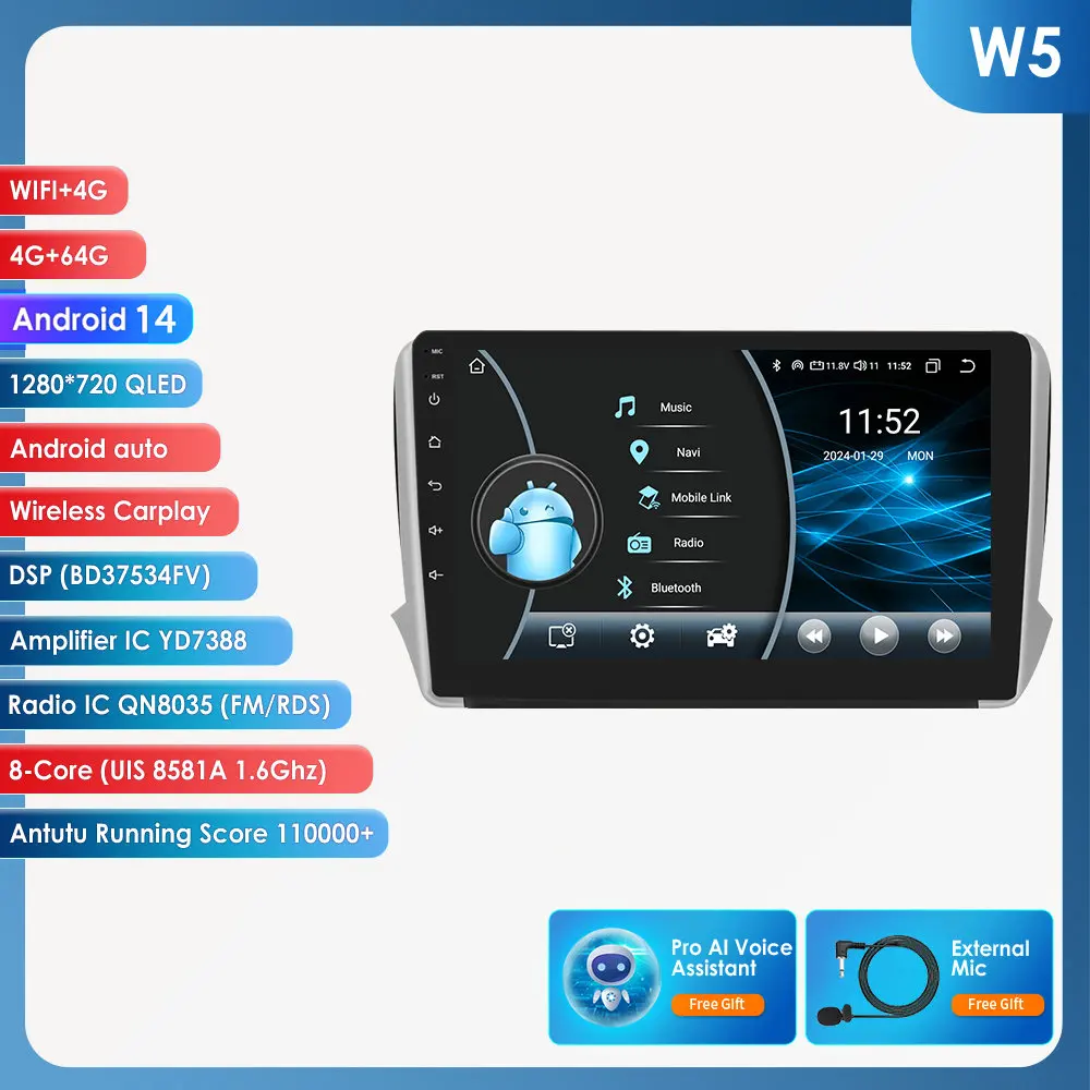Hizpo Autoradio Carplay 4G 8581 AI Systemen Android Autoradio voor Peugeot 208 2008 Serie 2012-2018 multimedia Video Player Gps