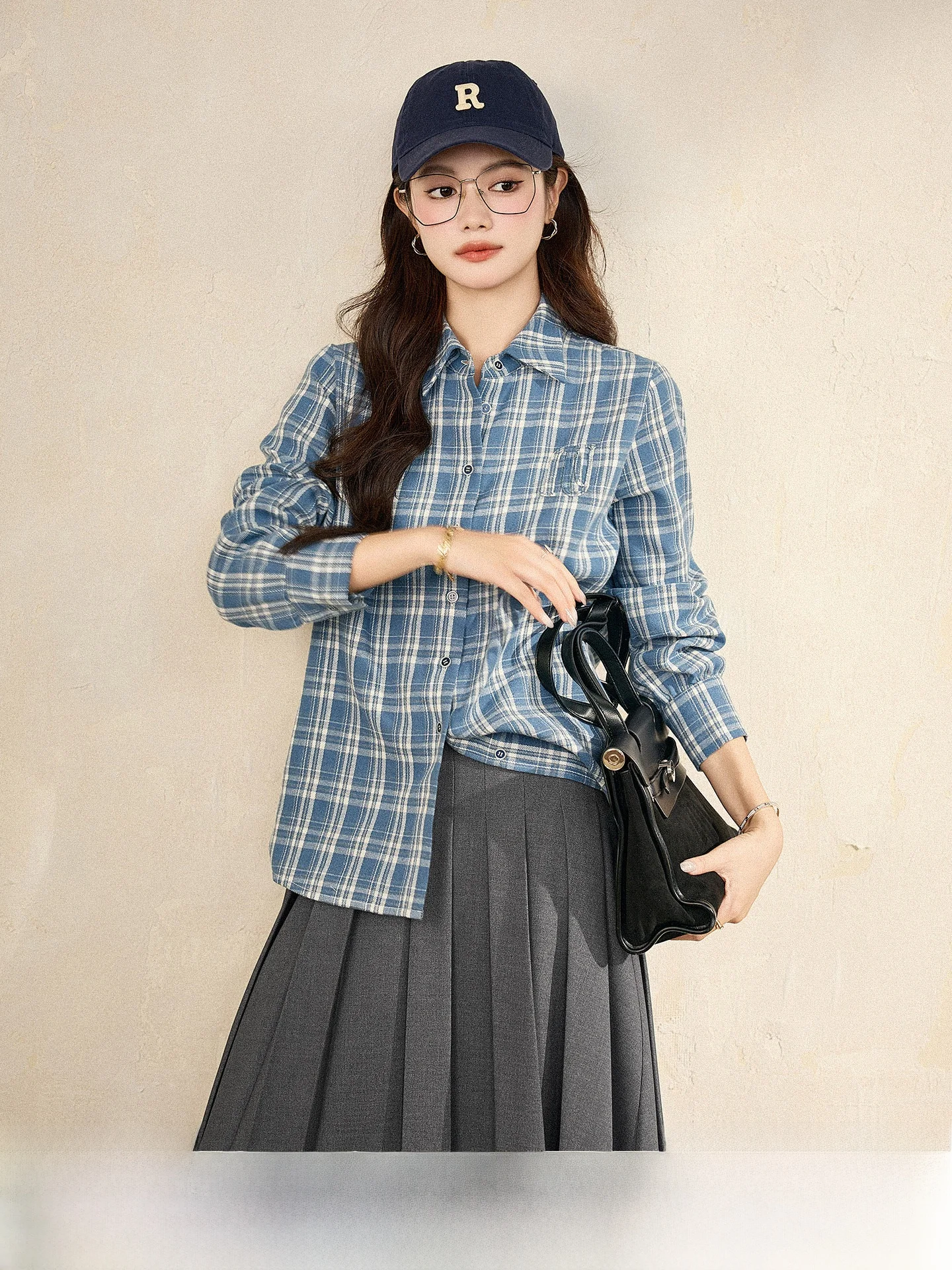 

Business Commute Plaid Long Sleeve Women's Shirt Versatile Design Spring Autumn New Style Salt And Pepper Grid Pattern Shirt