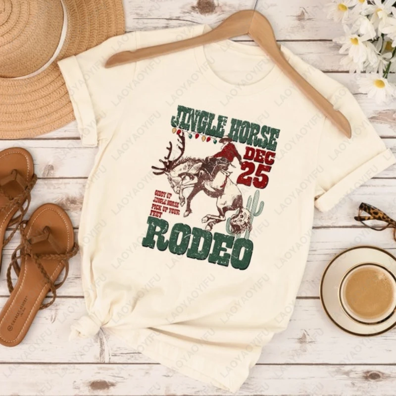 

Jingle Horse December 25 Rodeo Western Cowboy Tshirt Christmas Retro Men Women Cotton Tees Vintage Classics Short Sleeve Gifts