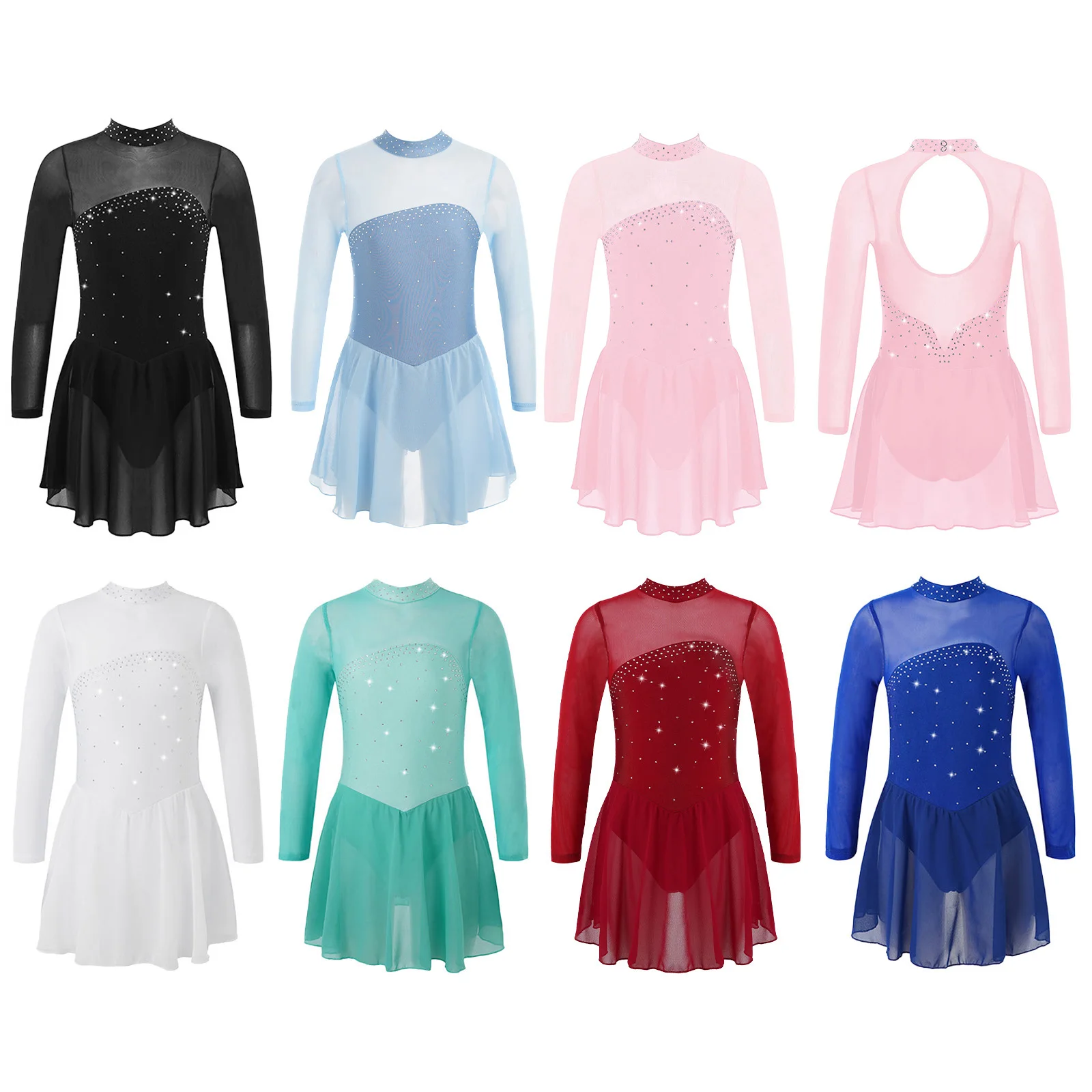 Kids Girls Leotard Gymnastics Ballet Dance Show Figure Skating Dress Child Long Sleeve Rhinestones Ice Skating Leotard Dancewear