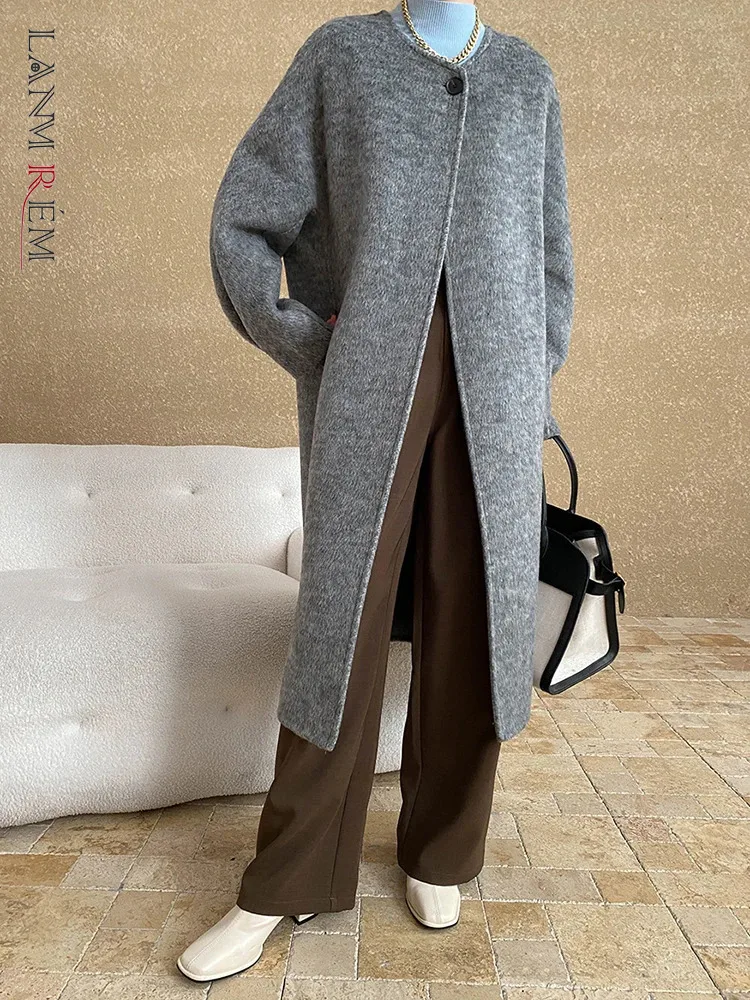 

[LANMREM] Minimalism Woolen Coats For Women Round Neck Thick Warm Long Outwear Office Lady Clothing 2024 Winter New 26C937