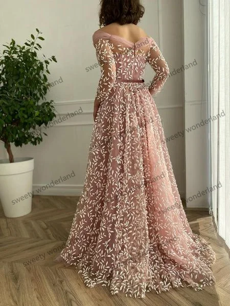 Dusty Pink Tulle Prom Dresses Lace Applique Long Sleeve Evening Gown Off the Shoulder Women Fashion Party vestido de novia