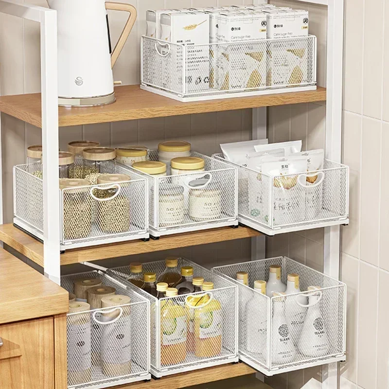 Kitchen Storage Box with Sliding Rail Pull-out Cabinet Storage Rack Spice Pantry Shelves Drawer Kitchen Organizer Basket