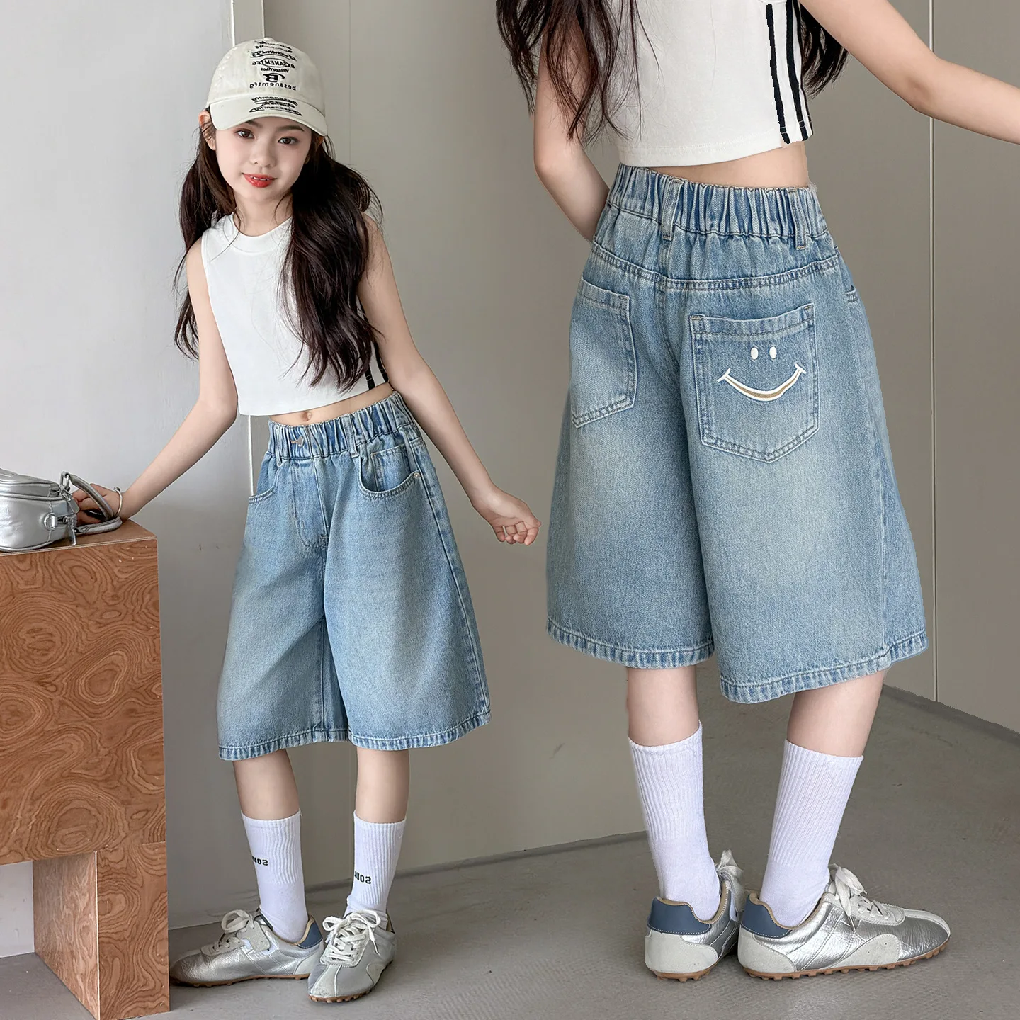 Teens Girls Denim Shorts Summer Thin Style Kids Trendy and Fashionable Curved Knife Pants Children Knee-Length Mid-Length Shorts