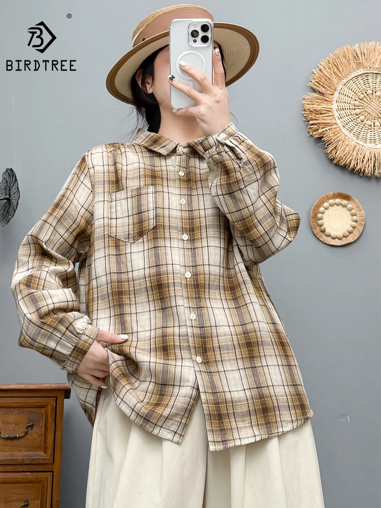 

Новая женская хлопковая рубашка с длинным рукавом на весну 2026, с отложным воротником, в клетку, в стиле Mori Girl, винтажная, для повседневной носки, свободная блузка T61927CC