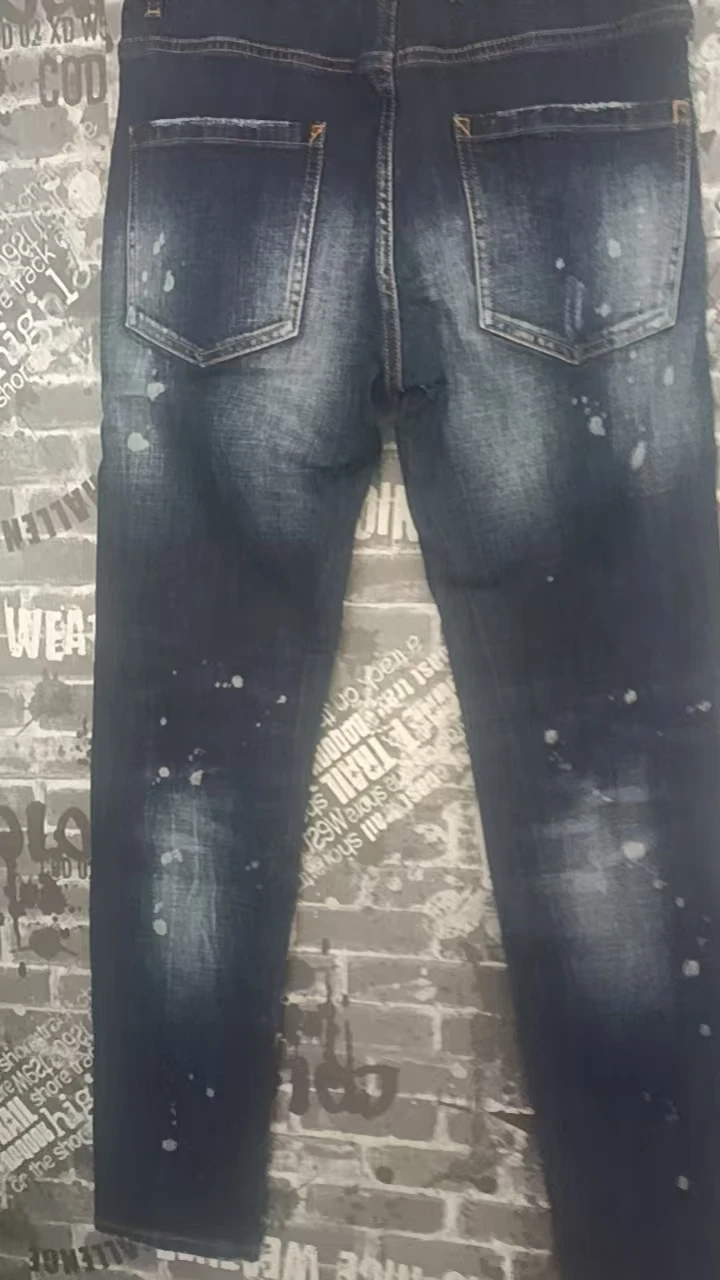Nostalgic style men's jeans elastic slim fit deep blue pleated painted jeans designer high street hip-hop brand pants hombre