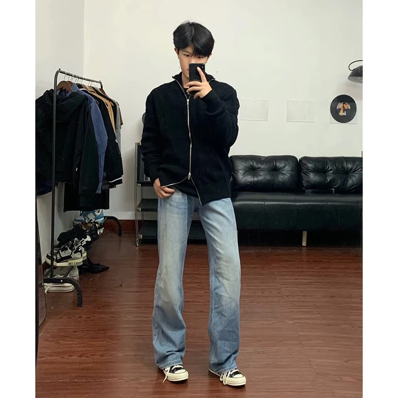 

Светло-голубые джинсы-клеш с высокой талией, удлиняющие ноги, прямые брюки для мужчин, осенняя модная уличная одежда