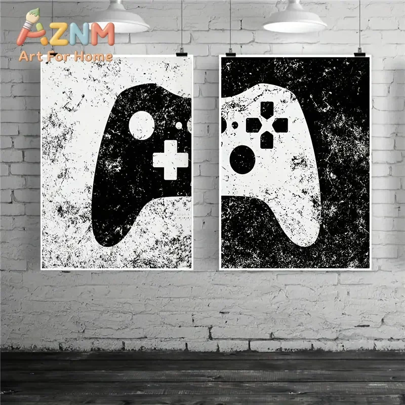 AZNM Vintage Distressed Game Controller Canvas Painting, Black White Gamepad Print, Boys Gaming Room Wall Art Decor, Unframed Ca