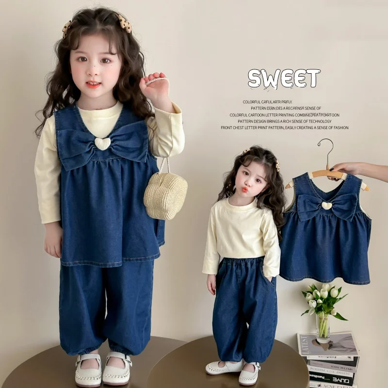 

Girls Clothes Set Size 2-9Y Kid Denim Vest Top&Tee&Jeans Bottom Suit Child 3 Pce Of Clothing Sets Toddle Girl Casual Denim Sets