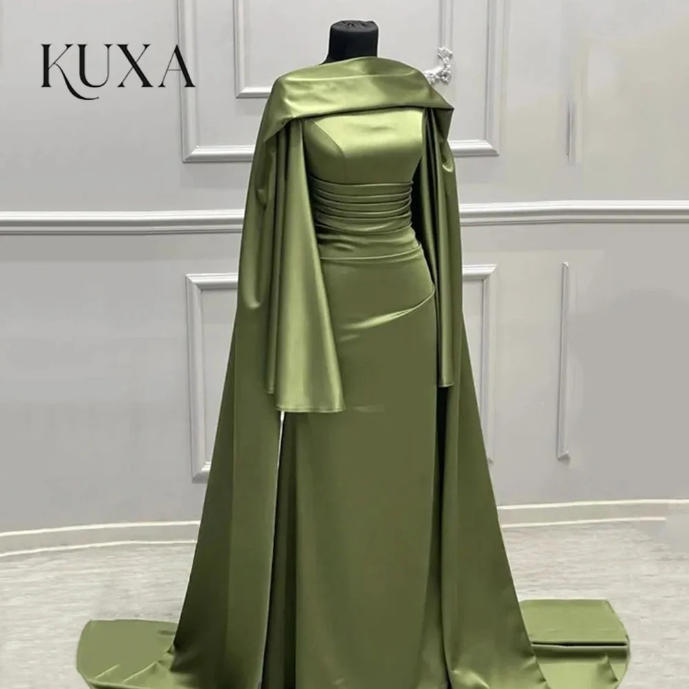 KUXA Maßgeschneiderte elegante olivgrüne Abendkleider, muslimische Abendkleider, Schal, Satin, Arabien, lange Ärmel, Abendkleider 2026