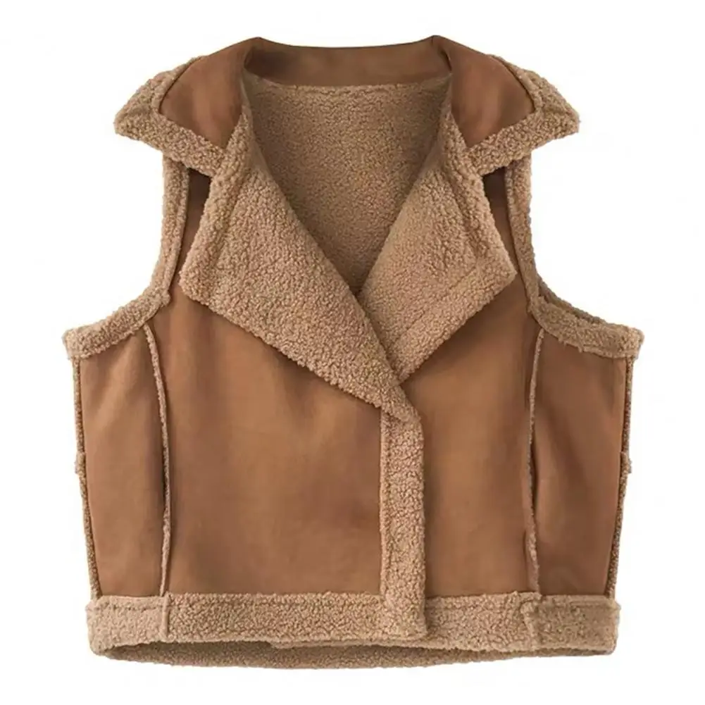 Women Waistcoat Sleeveless Lapel Double-Breasted Short Style Solid Color Casual Cardigan Thickened Velvet Lining Vest Coat