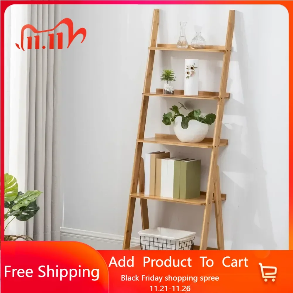 

Bamboo Ladder Shelf Bookcase, 5-Tier Leaning Bookshelf Free Standing Organizer Storage Shelves