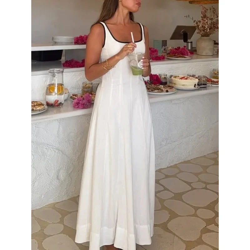 

Women's Elegant Midi Dress Summer Commuter Simple Casual Sleeveless Square Neck Open Back Side Zipper Bright Line
