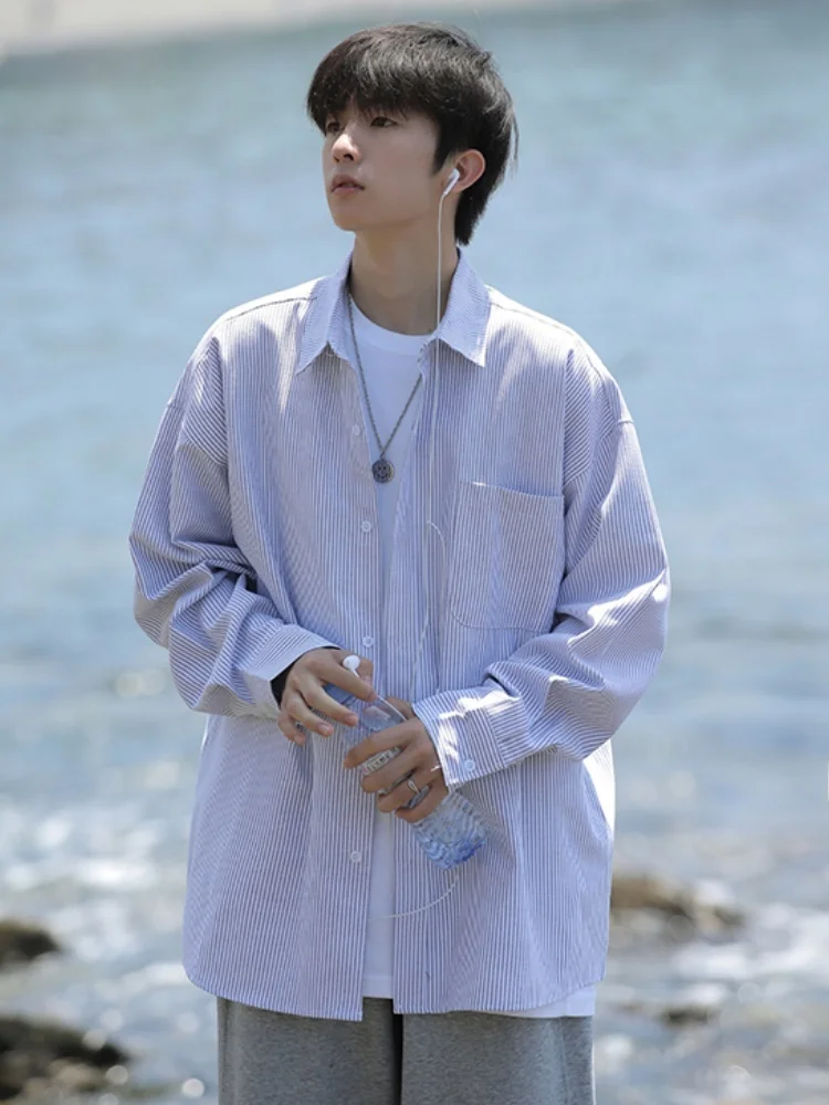 

Blue Striped Long Sleeve Casual Shirt Men's Summer Fashionable Loose Fit Breathable Spring Autumn Outerwear for Couples