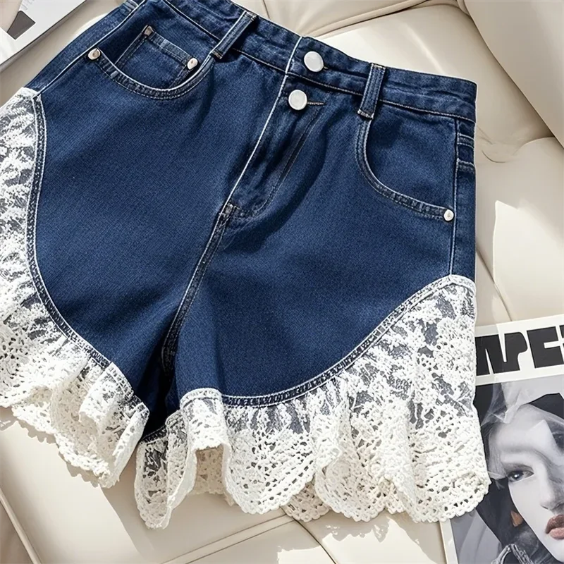 Zomer Hoge Taille Jeans Korte Dubbele Zakken Kant Patchwork Denim Broek Vrouwen Losse Wijde Pijpen Cowboy Shorts Nieuwe 304A