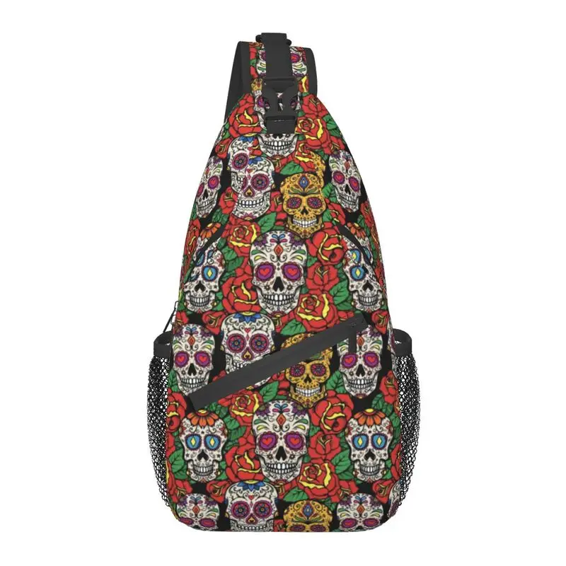 Fashion Flowers Sugar Skull Pattern Sling Crossbody Backpack Men Day Of The Dead Shoulder Chest Bags for Camping Biking