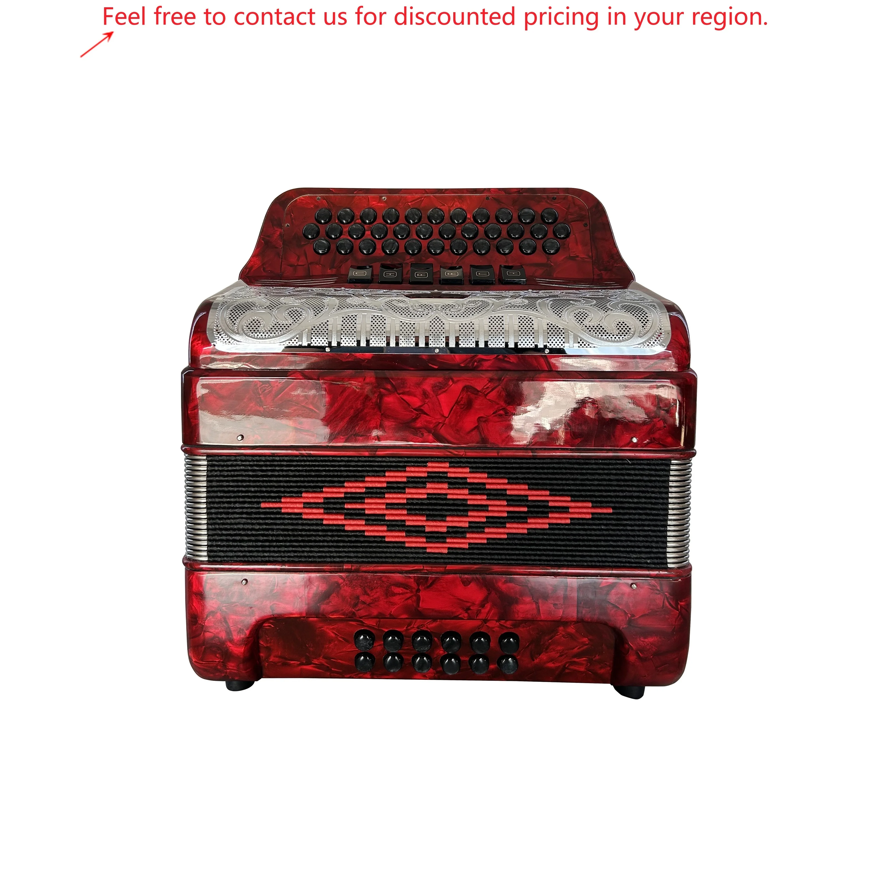 Professional Diatonic JB3412E Accordion Instrument 34-Button 12-Bass 6-Register Red Celluloid Body Silver Grill Black Buttons