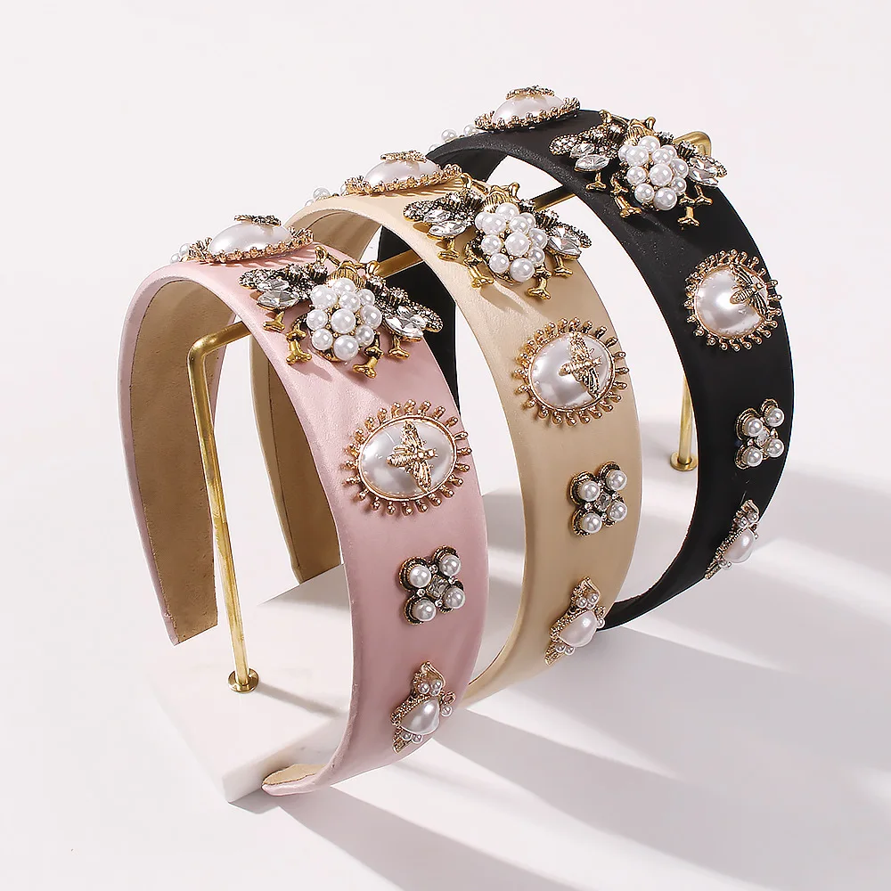 F2396 New wide-edged pearl glass diamond headband for women, fashionable temperament British style geometric headband