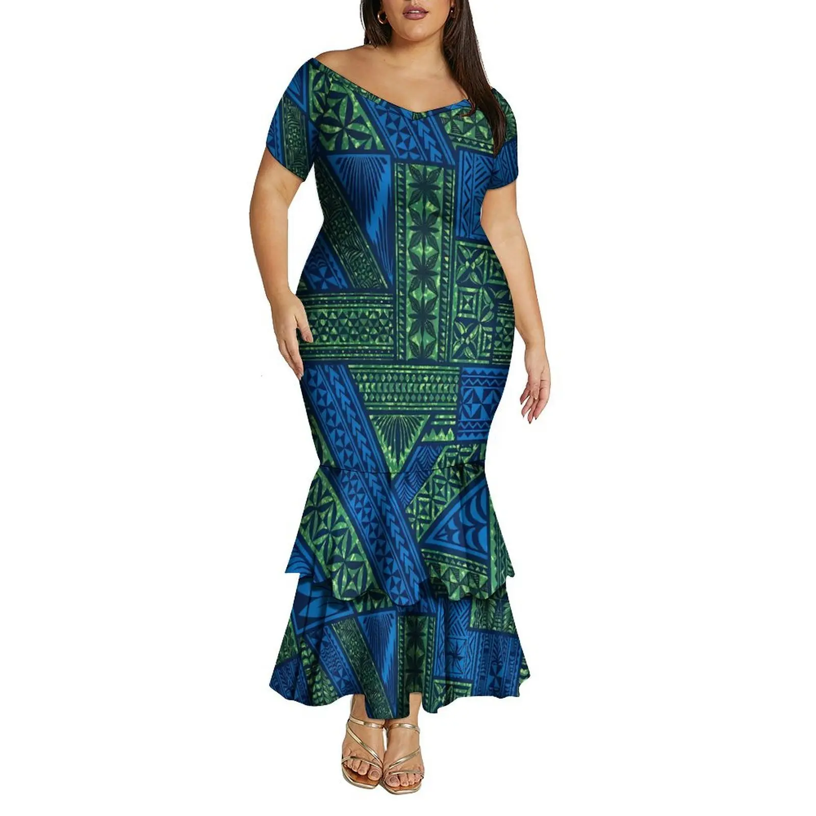 Vestido rabo de peixe de camada dupla equipado com um grande decote em V e ombro de fora vestido de festa e festival personalizado polinésio