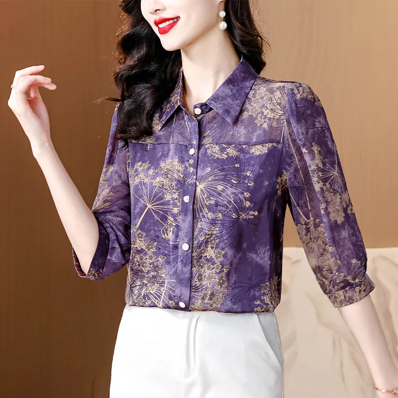 Summer Elegant Fashion Purple Chiffon Shirts Women Chinese Style Vintage Short Sleeve Turn-down Collar Blouses Chic Loose Tops