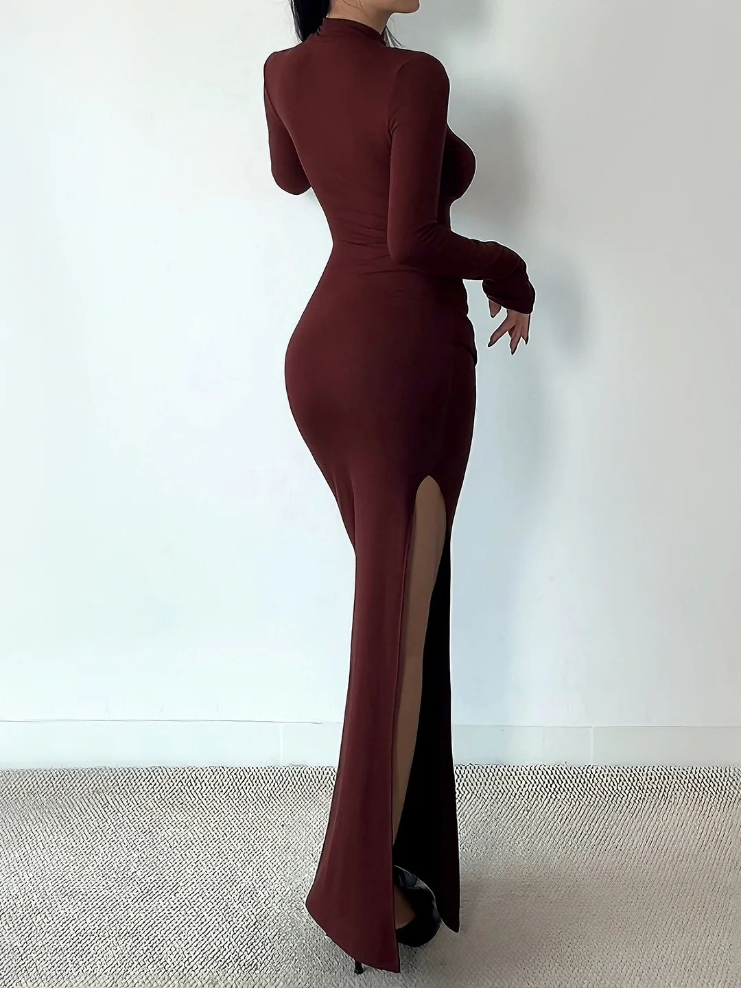 Harajuku Borgogna Abito da sera per le donne Alta fessura Multi-strato increspato Aderente Gonna a sirena Eventi Festa di ballo Abiti Robe