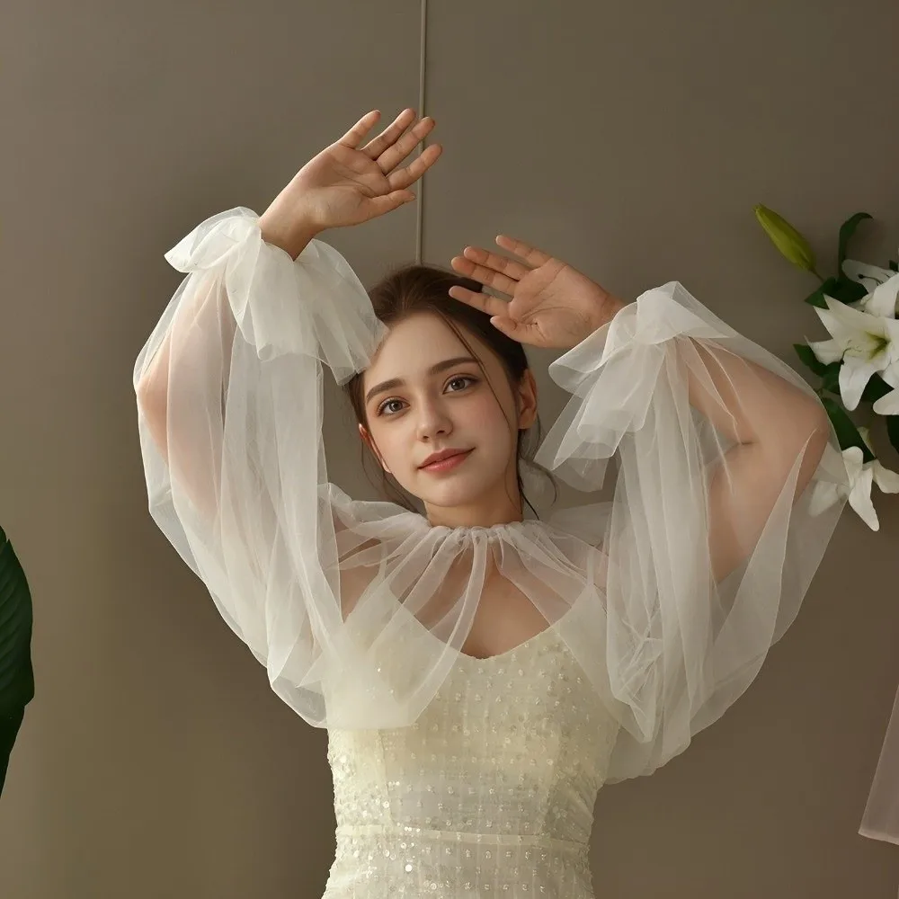 Long Puff Sleeve Half Top Blouse Ruffled Design Soft False Collar Lightweight Solid-colored Detachable Collar Daily Outfit