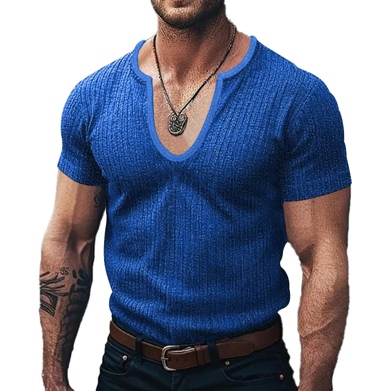 Casual Mens V Neck Ribbed T-shirts 2025 Spring Summer Leisure Short Sleeve Knitted Tees For Men Clothes Fashion Solid Color Tops