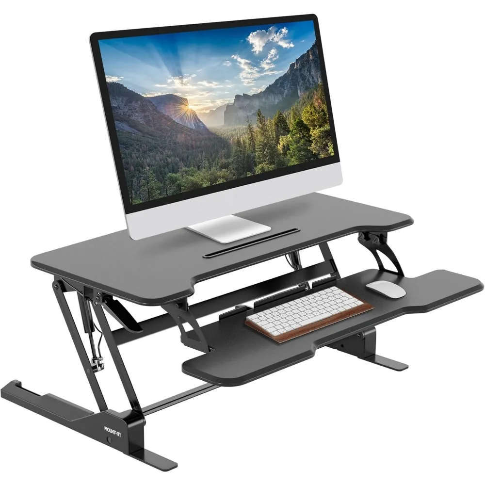 Mount-It! Height Adjustable Standing Desk Converter, 38” Wide, Stand Up Desk Riser for 2 Monitors, Manual Gas Spring Desktop Rai