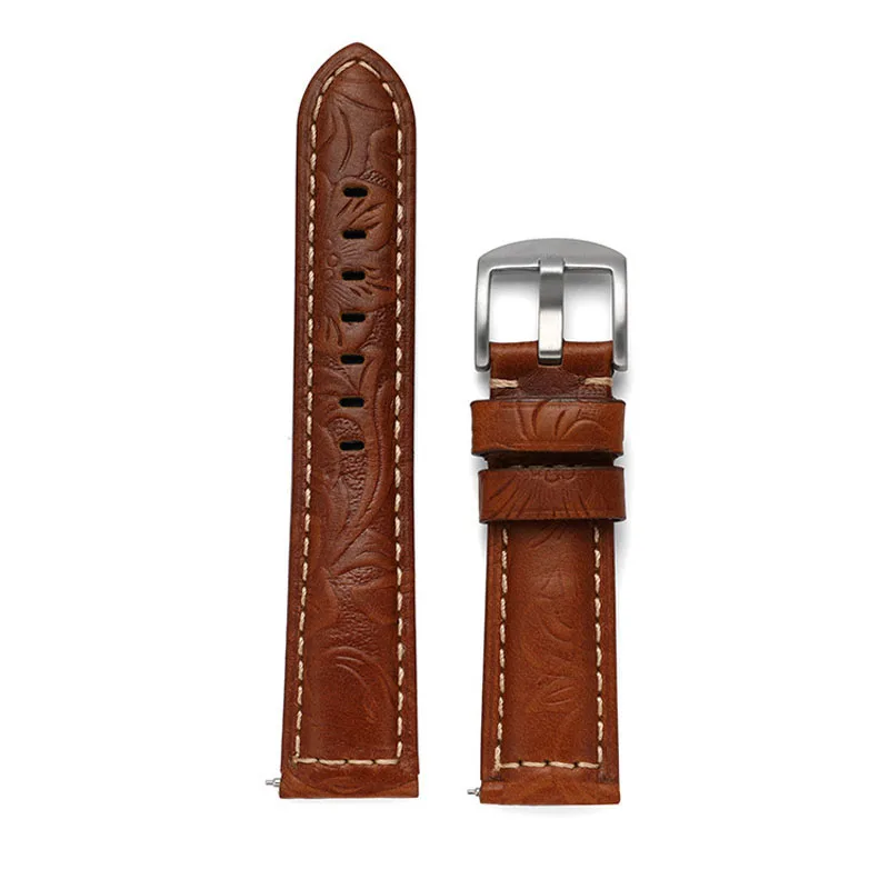 Vintage Stitched Embossed Genuine Leather Watch Strap Handmade Top Layer Cowhide Watch Band Bracelet 20mm 22mm 24mm 26mm