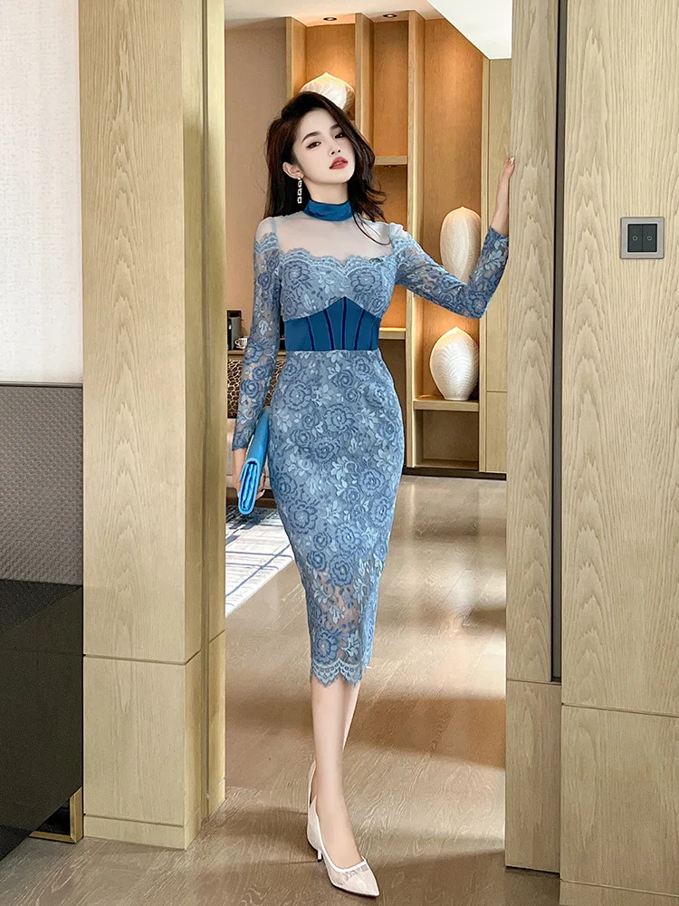 

Coigarsam Women's Dress New Office Lady French Style Patchwork Solid Lace O-Neck Blue Dresses