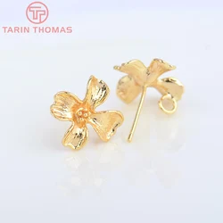 (6492) 6PCS 12x13.5MM 24K Gold Color Brass Flower Shape Stud Earrings High Quality Diy Jewelry Findings Accessories Wholesale