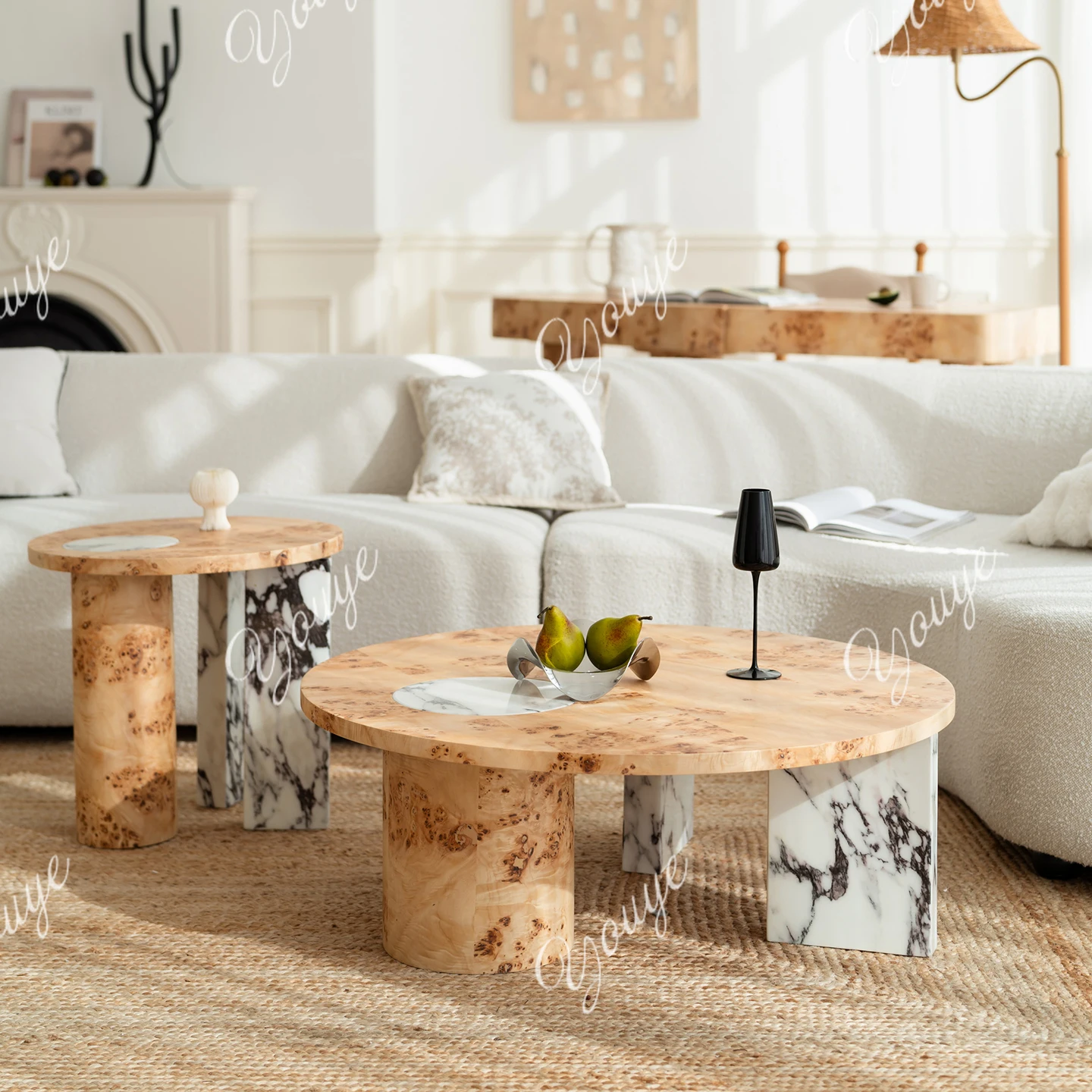 

Medieval solid wood coffee table living room creative tea table light luxury marble round combination coffee table