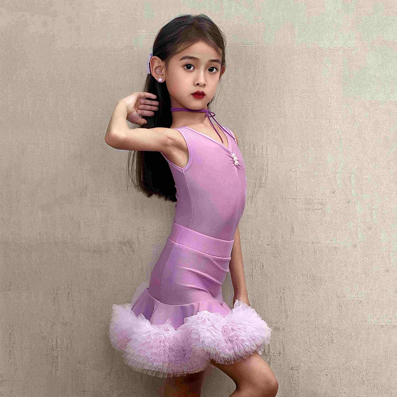 2025 Latin Danskostuum Voor Kinderen Prestaties Kleding Meisjes Tango Salsa Podiumoutfits Paars Mouwloze Oefenset XH 2910