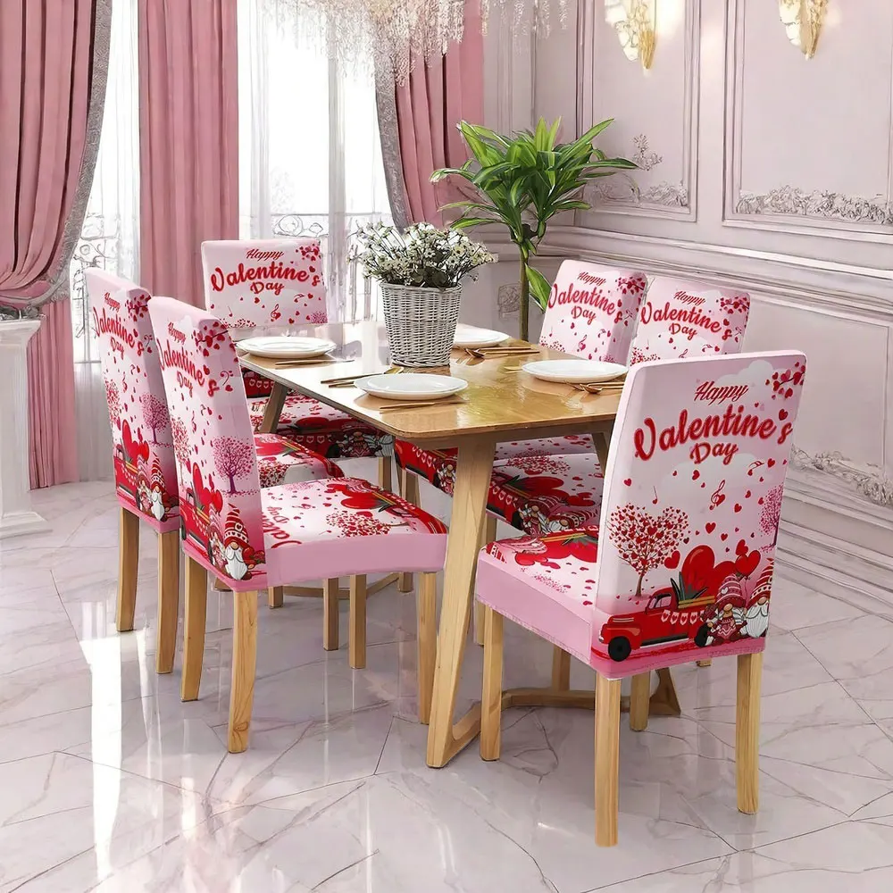 4/6pcs Valentine's Day printed chair covers, truck, heart, and gnome patterns, festive wedding-themed dining chair covers.