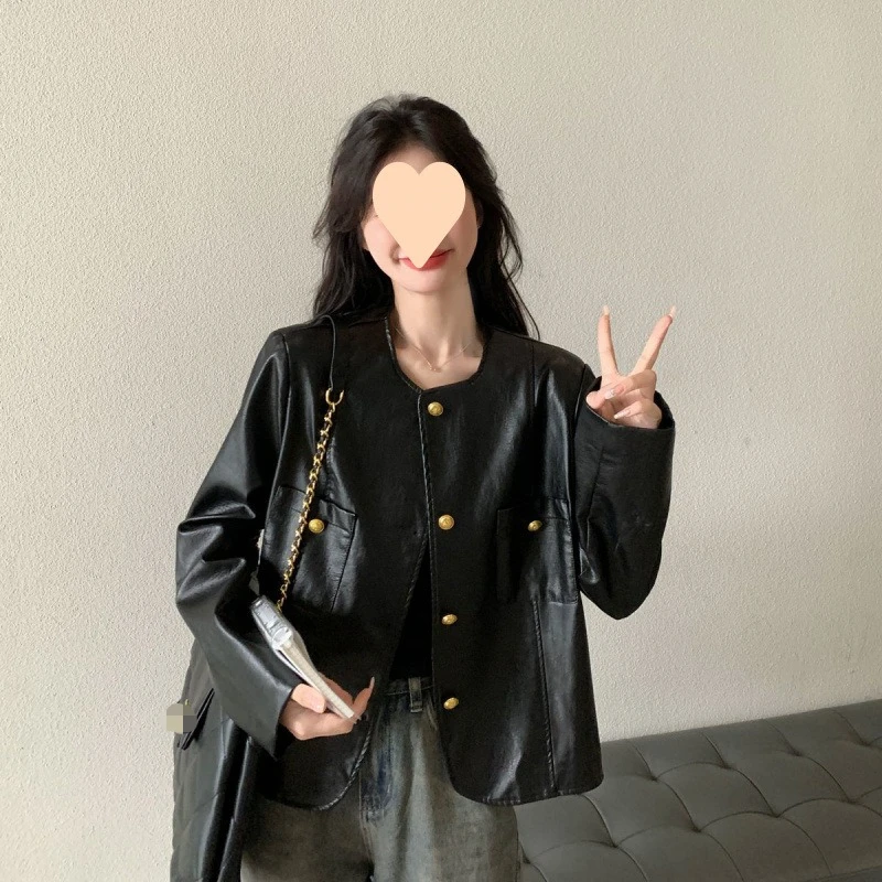Novo em casacos jaquetas mulheres estilos curtos primavera novo estilo coreano em torno do pescoço único breasted bolsos emendados jaqueta de couro do plutônio