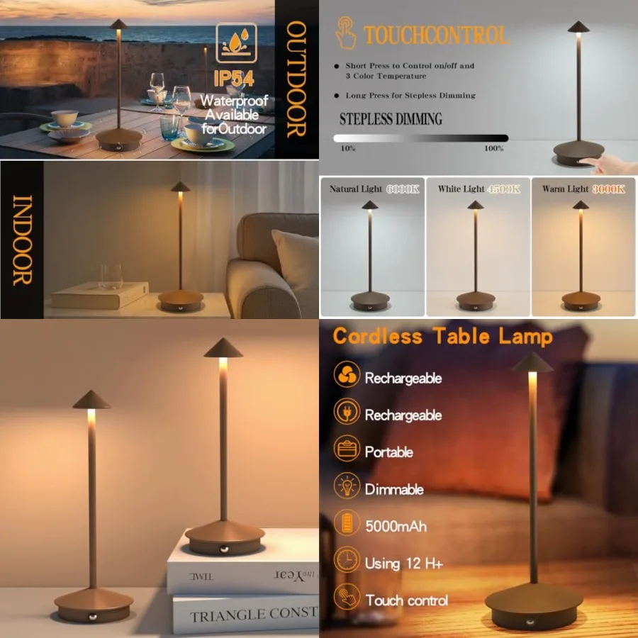 

2 Pack LED Rechargeable Cordless Table Lamps, Portable Outdoor 5000mAh Battery Operated Table Light Touch Control 3 Color Dimma