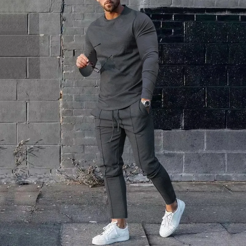 Solid Color Men Suit Long Sleeve T-shirt Long Pants 2 Pieces Set Tracksuit Casual Male Streetwear Oversize Clothing Sweatshirt