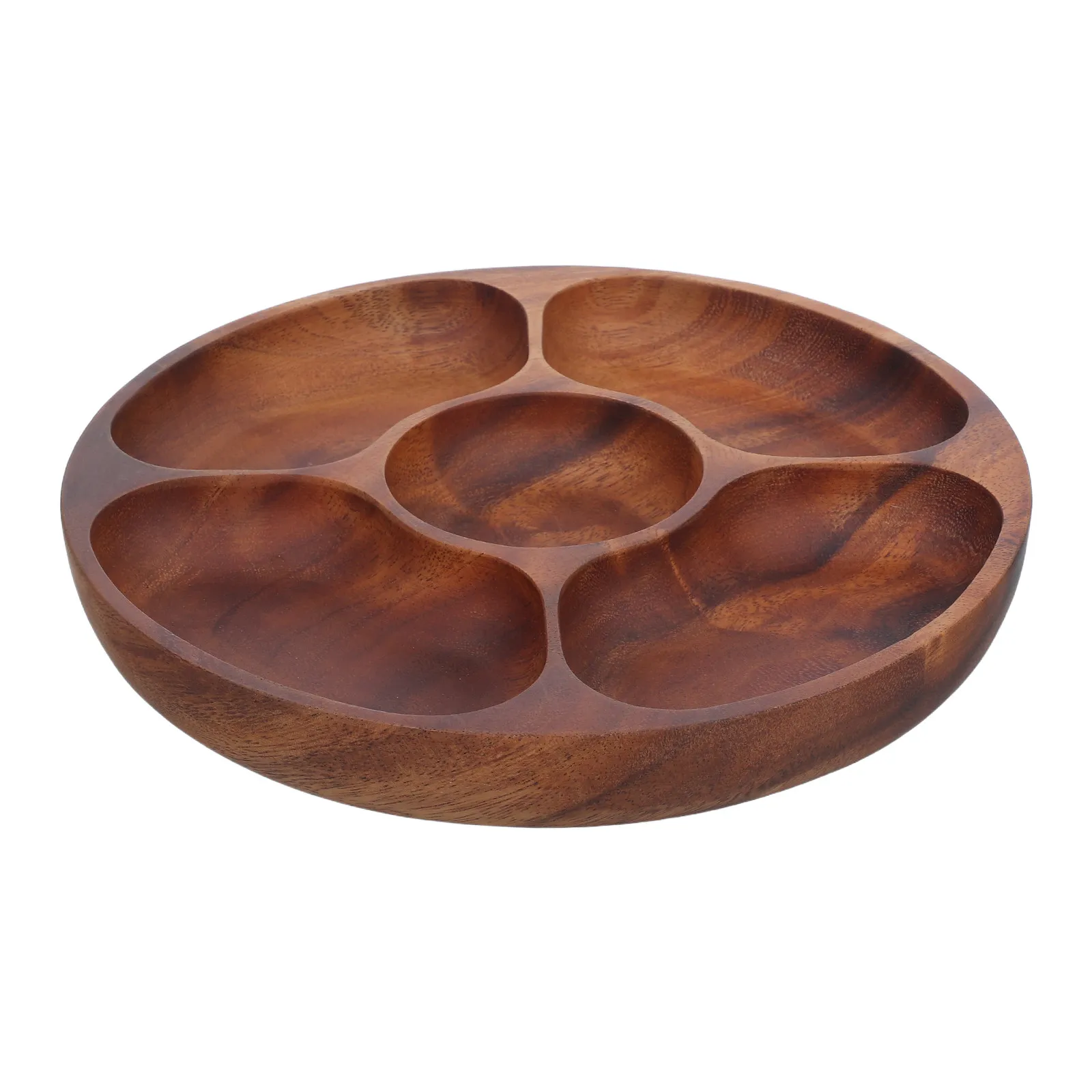 

Круглая сервировочная тарелка из акации с 5 секциями для закусок, орехов, сухофруктов, конфет. Круглое деревянное блюдо для подачи.