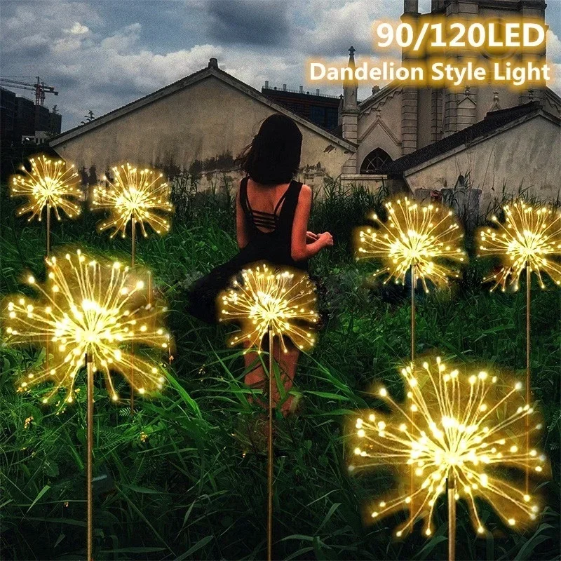 Solar Powered Outdoor Grass Globe Dandelion Fireworks Lamp Flash String 90 /120/150 LED For Garden Lawn Landscape Holiday Light