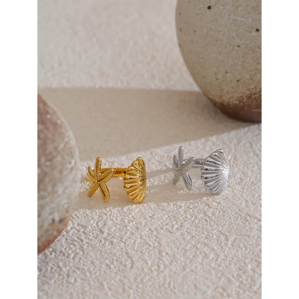 Yhpup Ocean Style Stainless Steel Metal Shell Starfish Adjustable Summer Ring for Women Beach Charm Finger Jewelry High Quality