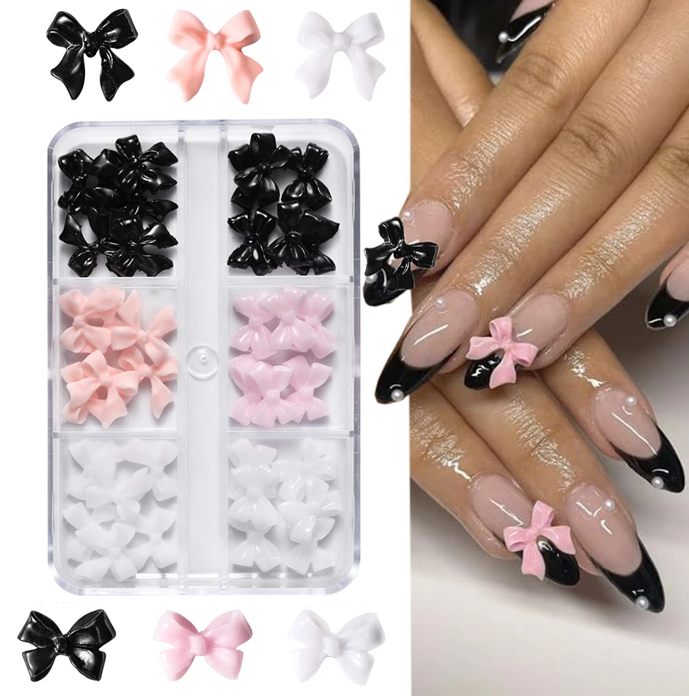 

1Box Pink/White/Black Resin Flatback Bow Nail Art Charms 6 Grids (30Pcs)Cute Bowknot Nail Decorations for Acrylic Nails Manicure