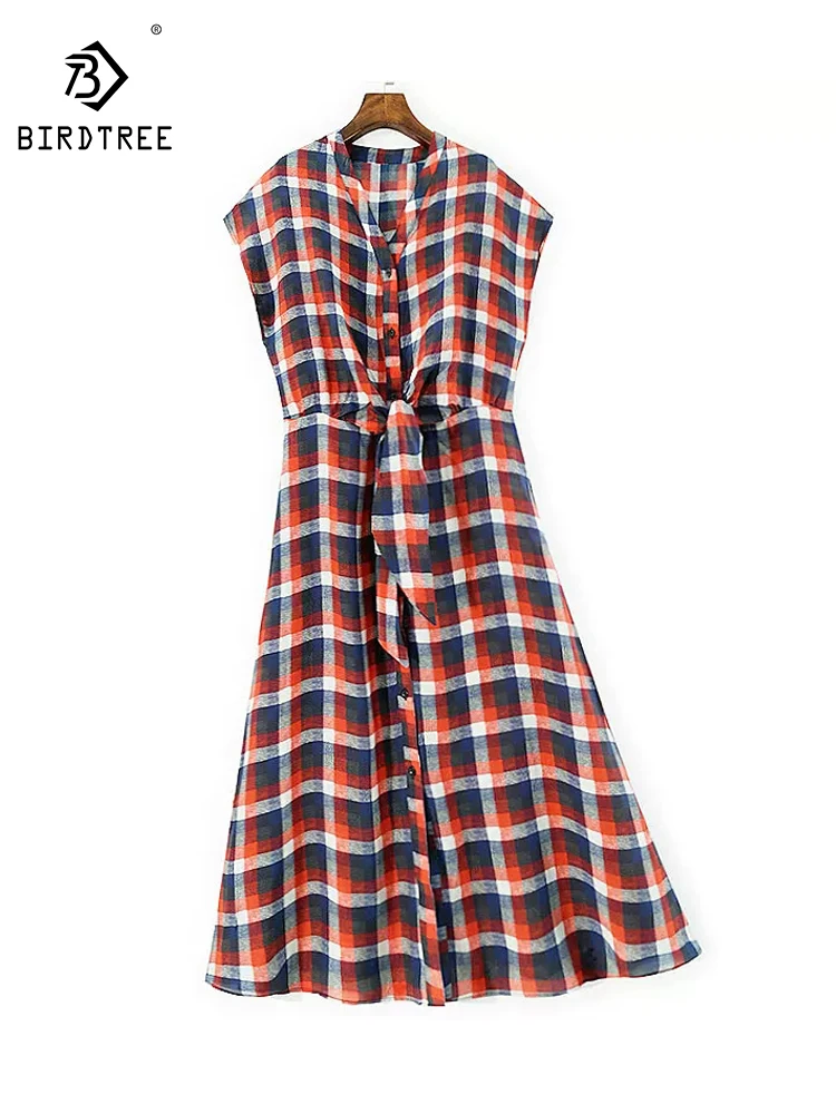 

Элегантное платье BirdTree-Silk из двойного крепа, с V-образным вырезом, в клетку, на шнуровке, женское модное свободное платье А-силуэта, весна 2026 D61731CC