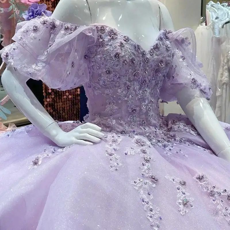 

Customized Light Purple Quinceanera Dresses Corset Beading 3D Flowers Puffy Sleeve Formal Prom Birthday Party Ball Gown
