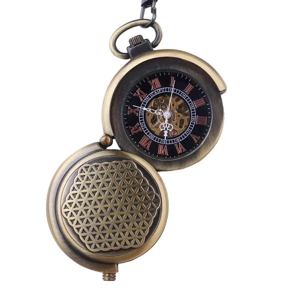 Reloj de bolsillo de cazador abierto doble de bronce único, cuerda a mano mecánica, esqueleto, relojes Fob, cadena colgante de regalo para hombres y mujeres