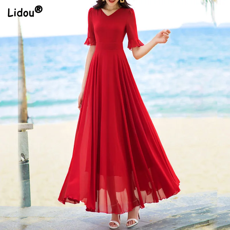 Vestido feminino com decote em v para escritório, manga curta, cor sólida, esbelto na altura do joelho, vestidos a linha A, império, confortável, chiffon, roupas femininas