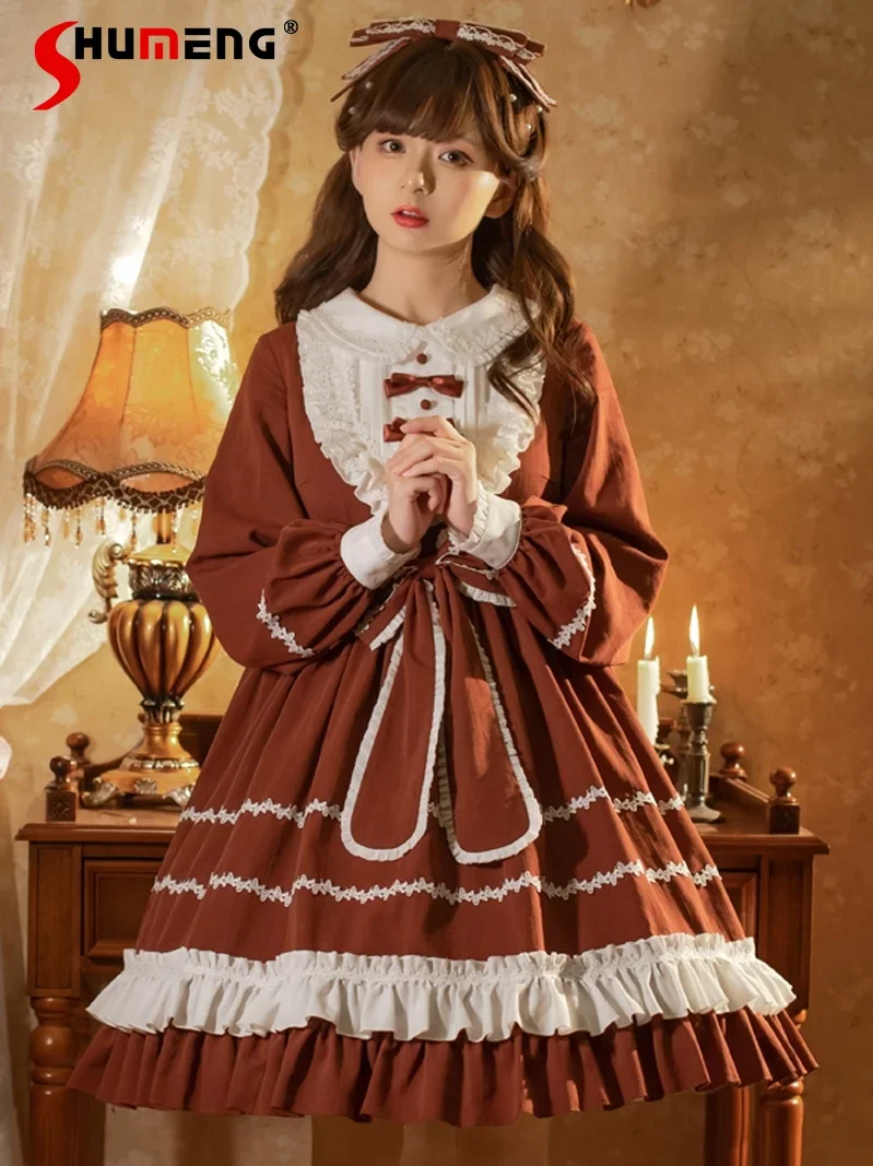 

Elegant Vintage Lolita Princess Dress Doll Collar Long Sleeve Ruffles Bow High Waist A-line Daily Casual Sweet Cute Dress Women