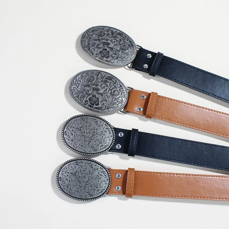 1 قطعة الرجال البني خمر منحوتة زهرة القرص مشبك التنين نمط زهرة تنقش حزام الجينز حزام الزخرفية تنوعا