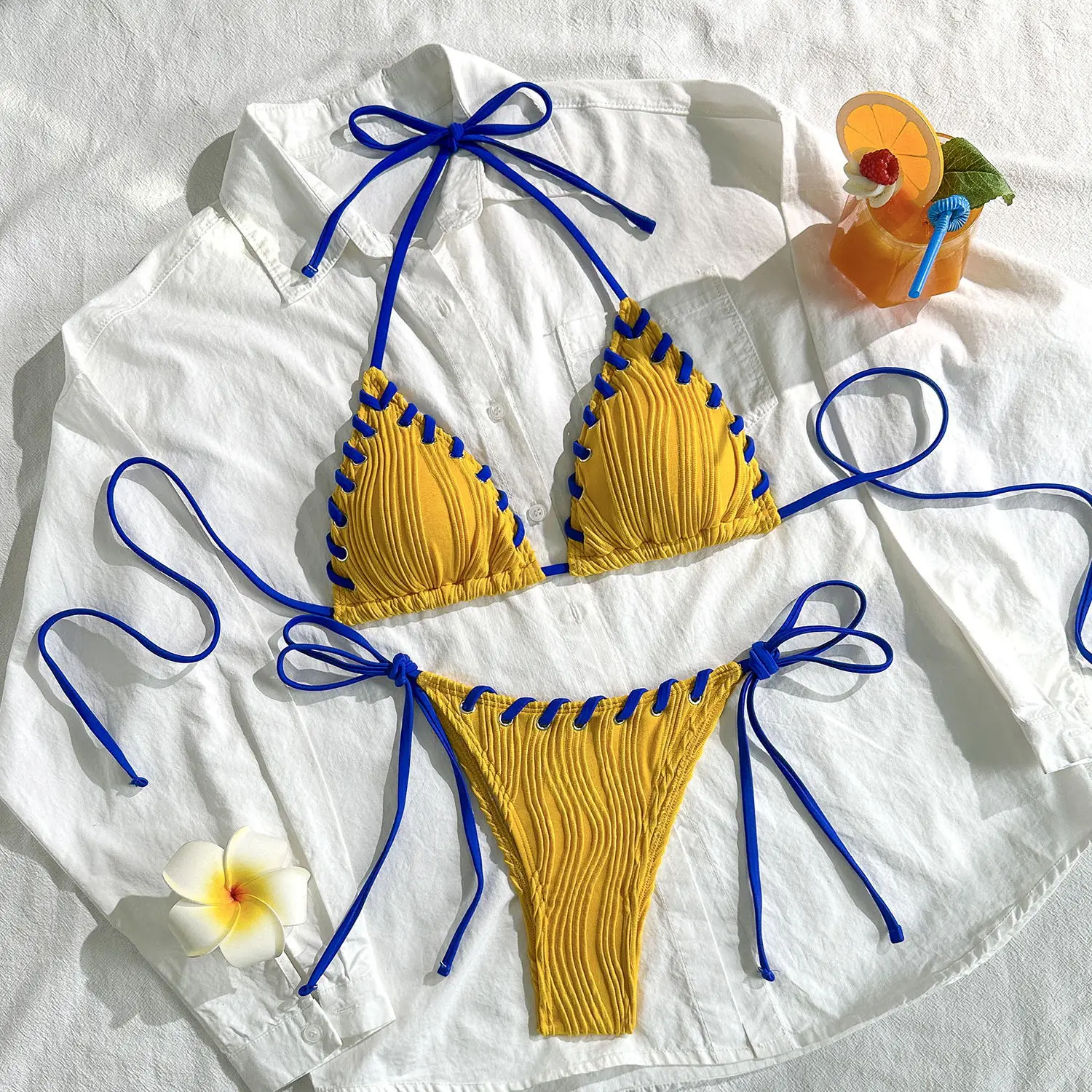 

sexy bandage patchwork bikinis sets two pieces halter tie swimsuits Swimwear beachwear conjunto de bikini biquini tankini