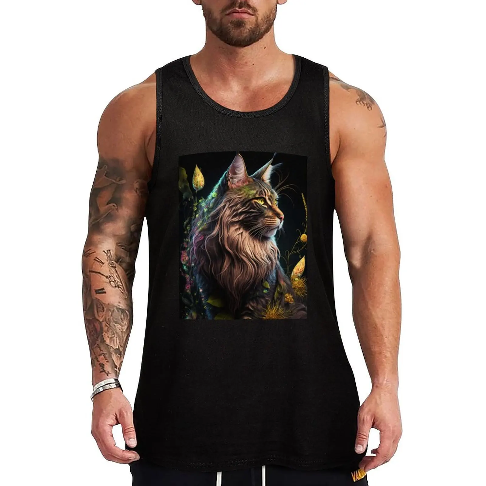 Timothy The Maine Coon Cat and Flowers 5 Tank Top Performance Stretch Tank Top Athletic Workout Wear