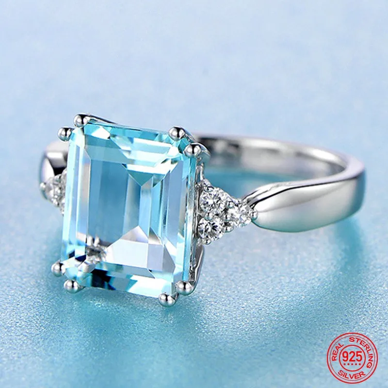 925 Sterling Silver Fashion Aquamarine Gemstone Ring For Women Wedding Party Jewelry Gifts Wholesale